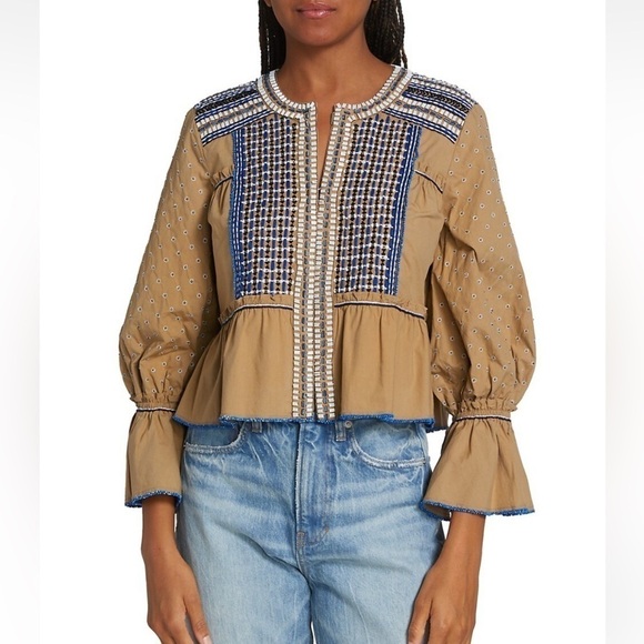 NWT Veronica Beard Mckenzie Embroidered Beaded Trumpet Sleeve Jacket Tan Camel - Picture 1 of 16